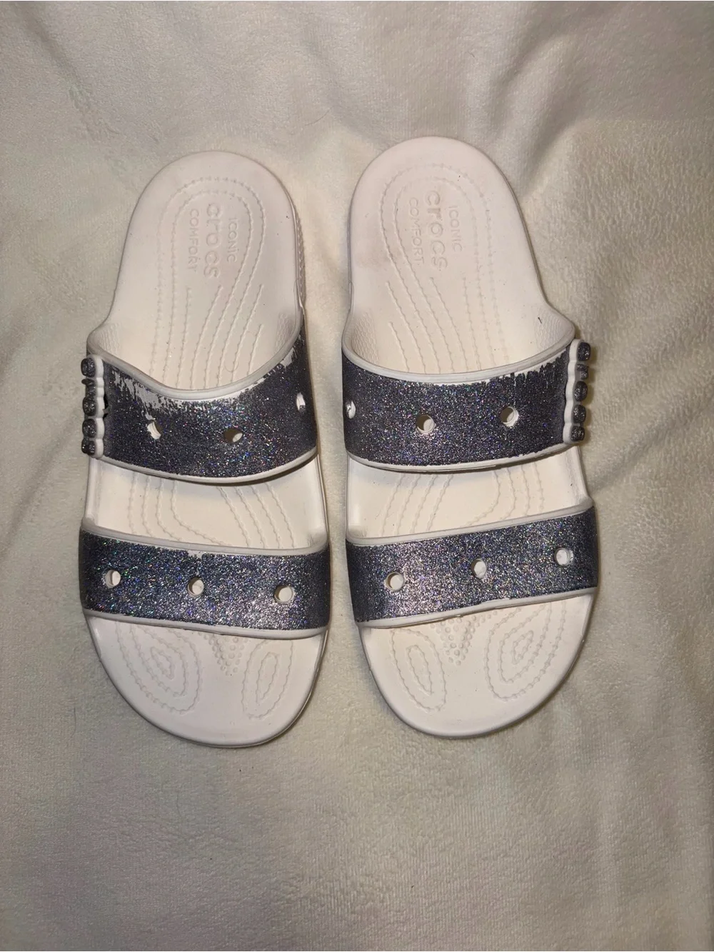 Crocs Women's Double Band Glitter Slide Sandals - White with Sparkle women size